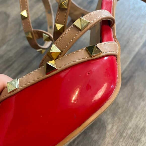 Catherine Melandrino Jazy Heals Size 8.5 Red Spike Strap Pointed Toe - Picture 8 of 10